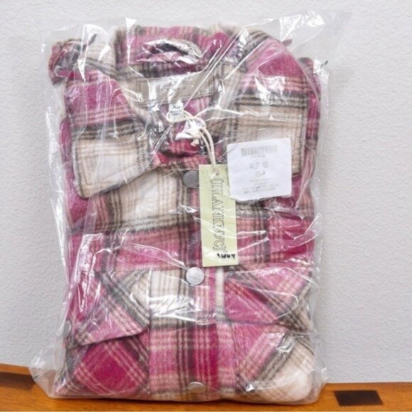 NWT BlankNYC Woodstock Wool Plaid Fringe Shacket XS Pink Oversized Flannel - Picture 4 of 6